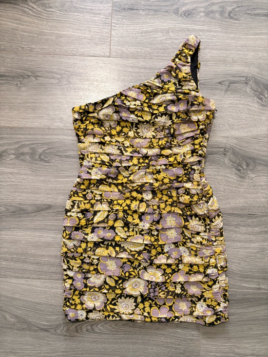 Zara Dresses & Skirts - Zara One-Shoulder Floral Dress in Black, Yellow & Lavender